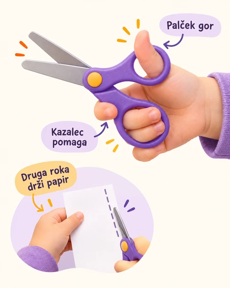 Pravilno držanje otro&scaron;kih &scaron;karij: palček gor, kazalec pomaga, druga roka drži papir.